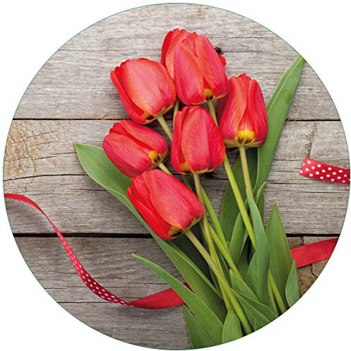 Wallario Glasbild rund Rote Tulpen auf einem Alten Holztisch - Rund, 50 cm Durchmesser Wandbild Glas in Premium-Qualität: Brillante Farben, freischwebende Optik