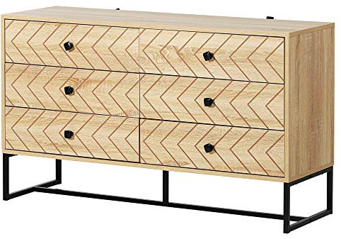 HOMCOM Commode 6 tiroirs Meubles de Rangement Motifs Chevrons - métal Noir Panneaux Particules MDF Aspect Bois Clair - dim. 120L x 39,5l x 71H cm