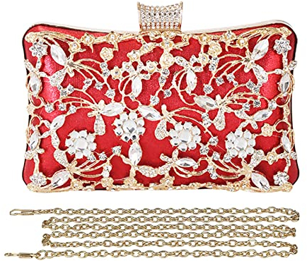 CORIOS Borsetta da Sera Donna Strass Clutch Elegante Pochette Piccolo con Catena Borsa a Mano Borsa a Tracolla Borsa a Spalla per Cocktail Festa Ballo Cerimonia Rosso