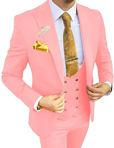 Abiti da uomo 3 pezzi slim fit doppio petto vestito da ballo per gli uomini un bottone giacca giacca pantaloni set abito da sposa, Rosa, Taglia Unica