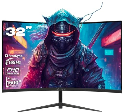 CRUA Gaming Monitor 32 Curved 165Hz QHD 1440P 1500R Computer Monitor, 99% sRGB,1ms GTG with FreeSync, Narrow Bezel Desktop PC Monitors Compatible HDMI/DP, Support Wall Mount