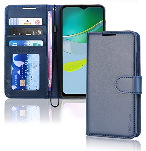TECHGEAR Moto E13 Leather Wallet Case, Flip Protective Case Cover with Wallet Card Holder, Stand & Wrist Strap, Blue PU Leather with Magnetic Clasp Designed For Motorola Moto E13