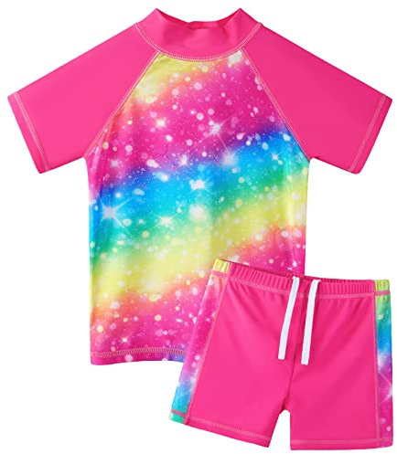 ZNYUNE Girls 2PCS Swimsuit Short Sleeve Kids BeachSwimming Set Costume for 3-12Years S399 Rainbow 6A