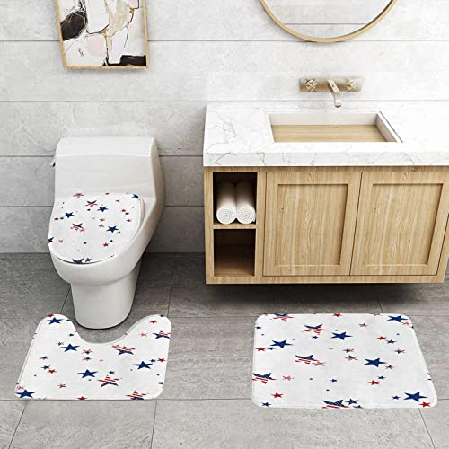 BOMEKS Badteppich-Set 3-teilige,rutschfeste,Amerikanische USA-Tagesthema-Blaue rote Sterne,rutschfeste Badematte, U-förmiger Konturteppich und Toilettendeckel