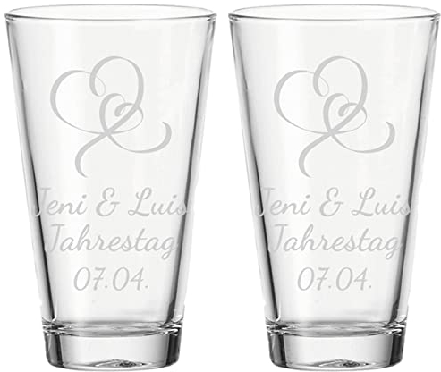 LUXENTU Trinkglas mit Gravur, 300 ml, 2er Set, Wasserglas mit Herzchen-Motiv geschwungen, Personalisierte Gläser für die Hochzeit & Verlobung, Spülmaschinenfest, 3 Zeilen konfigurierbar
