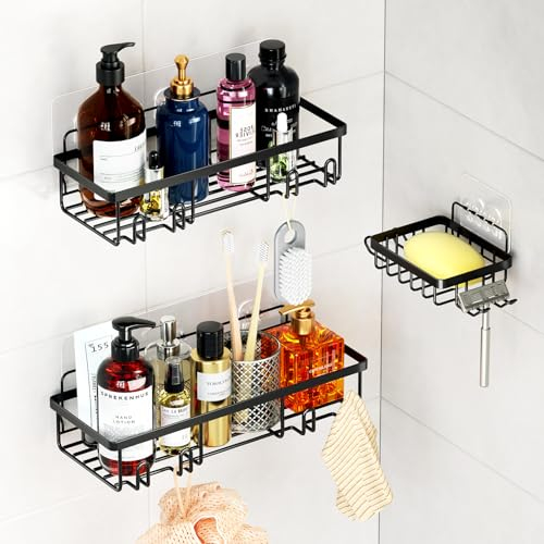 WELDUN Mensola doccia senza foratura, in acciaio inox, per bagno, shampoo, gel doccia, colore: nero