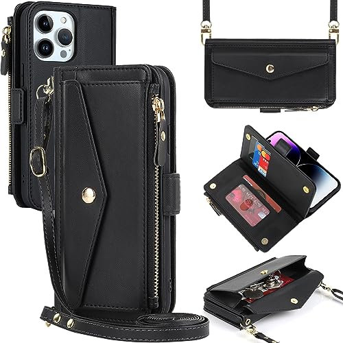 Zouzt for iPhone 14 Pro Wallet Case for Women, Purse with Credit Card Holder Slots Crossbody Lanyard Strap Zipper Flip Book Shockproof Protective Phone Cover for Apple 14 Pro 6.1 Inch (Black)