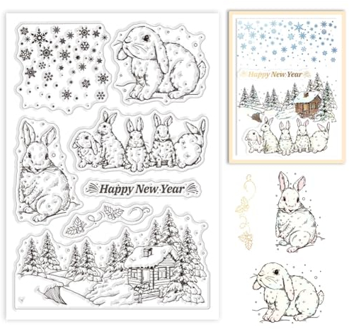 GLOBLELAND Transparente Stempel „Winterhase“, Holzhaus Mit Schneeflocke, Neujahrswunsch, Kaninchen, Transparente Silikonstempel Für Ostern, Weihnachten, Kartenherstellung, Scrapbooking, Fotoalbum