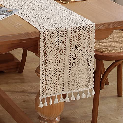 meioro Gehäkelte Tischläufer, 30x160cm Spitze Boho Tischwäsche Klassische Beige Hochzeit Tischdecke Vintage Tassel Tischdeko für Küche Essen Urlaub Party Dekoration Tablerunner(Stil-C)