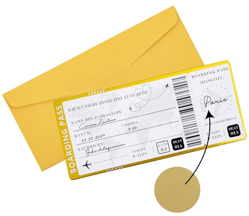 Goldenes Ticket Reisegutschein Flugticket mit Rubbelaufkleber, Bordkarte zum beschriften mit Umschlägen, Einzigartige Reise Geschenk Verpackung für Valentinstag,Geburtstag,Geschenk für Freundinnen