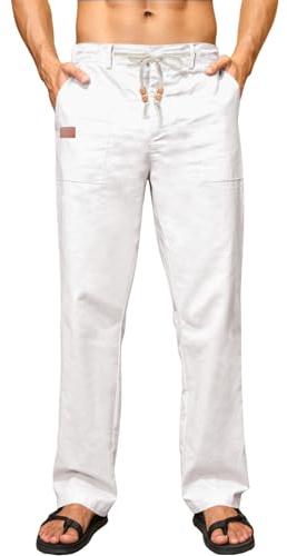 Elegancity Leinenhose Herren Sommerhose Yogahose Leichte Baggy Jogginghose Lang Stoffhose Herrenhosen Urlaub Freizeithose mit Kordelzug und Taschen Weiß M