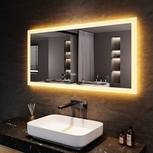 SONNI Badezimmerspiegel mit Beleuchtung 120x60 cm, 3 einstellbare Lichtfarben, Anti-Beschlag LED Badspiegel Lichtspiegel Wandspiegel mit Touchschalter, Uhr, Temperatur