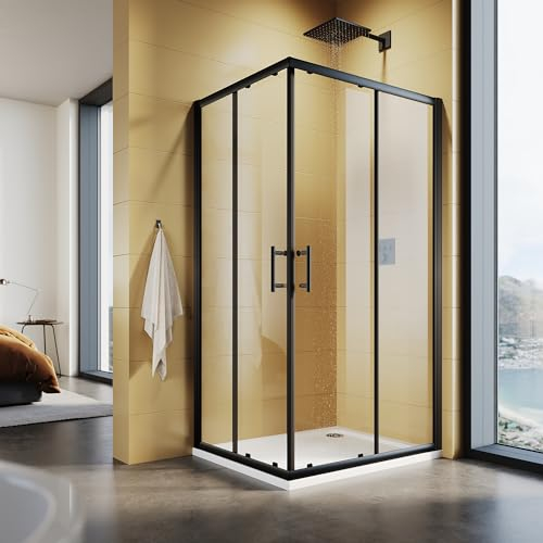 SUNXURY Cabina de ducha de 80 x 100 x 195 cm, entrada esquinera con puertas correderas dobles, marco negro, 5 mm, cristal de seguridad (ESG) transparente, montaje en plato de ducha o azulejo