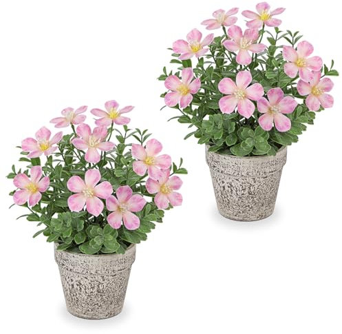 Arborus 25CM Artificial Flowers in Rustic Pot 2pcs Small Fake Plants Indoor in Pots Pink Decorative Artificial Oxalis Flowers for Farmhouse Windowsill Home Table Centerpiece Decoration