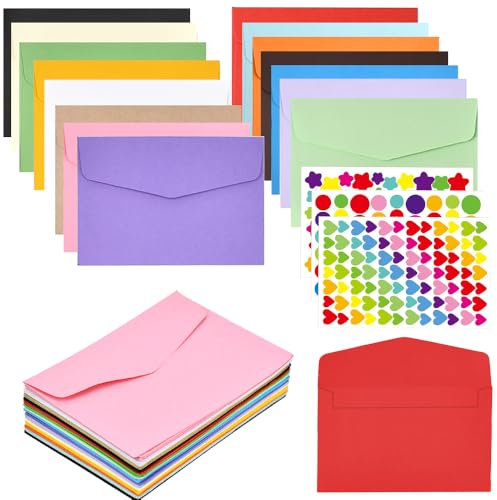 LPAMABA 75 Stück Briefumschläge Bunt 15 Farben Farbige Umschläge 12,5x17,5cm Mini Briefumschläge Umschläge aus Kraftpapier mit 3 Blatt Selbstklebende Aufklebern für Geburtstage Hochzeiten Weihnachten