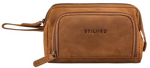 STILORD Henry Kosmetiktasche und Kulturbeutel aus Leder für Damen und Herren, große Waschtasche mit Fächern und Trageschlaufe Farbe:tan - Dunkelbraun