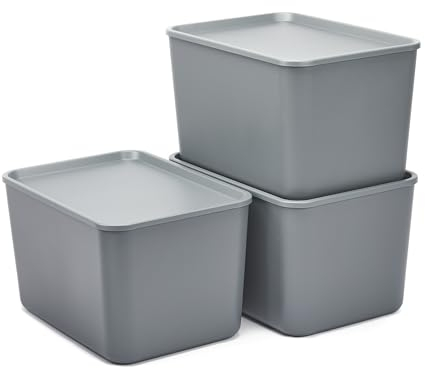 Iris Ohyama, Set of 3 Plastic Storage Boxes with Non-Snap Lid, Stackable, for Kitchen, Bathroom, Bedroom, Closet, Office, Solid & Durable Organization, SNL-MD, Grau