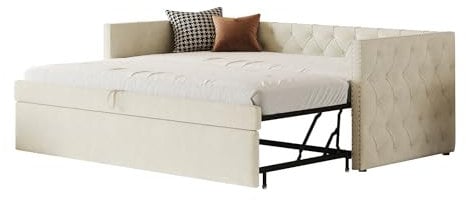 xixiworkshop Schlafsofa Ausziehbar 90/180x200cm, Sofa mit Schlaffunktion mit Lattenrost, Sofabett als Gästebett/2 Betten, Polsterbett aus Samtstoff ohne Matratze (Beige)