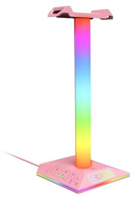 YIORYO Soporte for Auriculares con 1 Puerto de Carga USB-C y 1 Puerto de Carga USB, Soporte for Auriculares de Escritorio for Juegos con 7 Modos de luz for Todos los Accesorios for Auriculares(Pink)