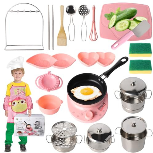 Kids Kitchen Accessories 28PCS, Real Cooking Kids Pots and Pans Playset, Gift for Boys Girls Toddlers 6+, Cooking Utensils with Induction Cooker-Wok-Dumpling Maker-High Pot-Knife-Soup Pot