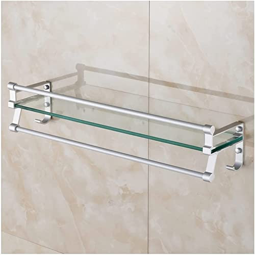 CWCQGH 1-stöckige Glasregale für Badezimmer, rechteckige schwebende Regale zur Wandmontage mit Handtuchhalter, Dusch-Organizer, Schaukasten-Präsentationsregal (Silber, 60 cm)