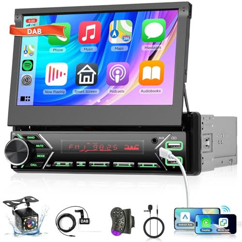 Hodozzy Dab Radio de Coche 1 DIN con Carplay Inalámbrico Android Auto, Pantalla Táctil Plegable de 7 Pulgadas on Mirror Link por Cable, Radio 1 DIN Bluetooth, USB, EQ, Type-C, Radio FM, SWC, Cámara