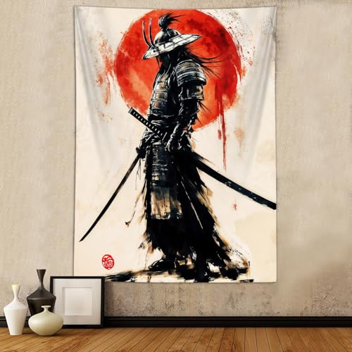 Sanzugh Anime-Wandteppich mit japanischem Samurai-Motiv, Cool, japanisch, Wandteppiche mit Schwarz-Rotem-Sonnenmotiv, Wandbehang für Männer und Jungen, Schlafzimmer Dekoration, Poster ca. 102 x 152 cm