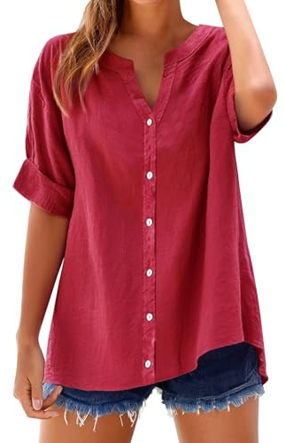 Chemise Lin Femme Manches Courtes Chic et Élégant Coton Lin T-Shirt Col en V Chemisier Tunique Tops avec Boutons Casual Grande Taille d'été Basique Shirt Couleur Unie LâChe Respirant Blouse