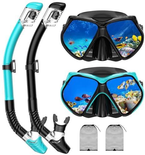 Schnorchelausrüstung für Erwachsene, Schnorchel-Set, Tauchmaske, Dry-Top, Erwachsenen-Schwimmbrille mit Nasenabdeckung, HD-gehärtetes Glas, Panorama-Anti-Leck, Anti-Beschlag, Reise-Schnorchelpakete
