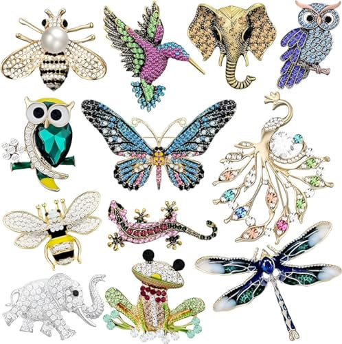 YEOVIBL 12 Stück Damen Broschen Set – Tier Insekten Schmetterling Eule Elefant Biene Libelle Frosch Anstecknadeln – Strass Broschen für Kleidung Taschen Hüte Accessoires