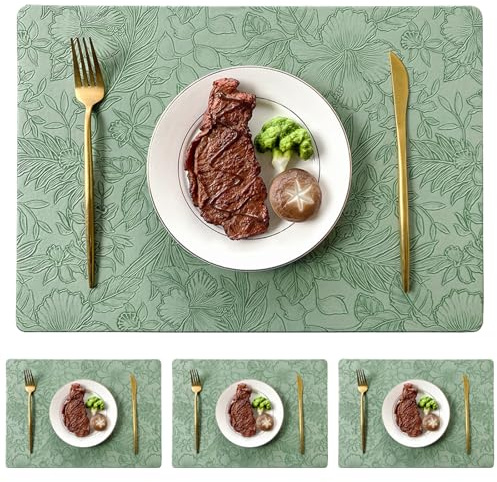 Sumneo Platzsets 4er Set aus Kunstleder, Hitzebeständige Tischsets mit Geprägtem Blumenmuster im Vintage-Stil (43 x 30 cm) für Küche, Esstisch & Tischdekoration (Green)