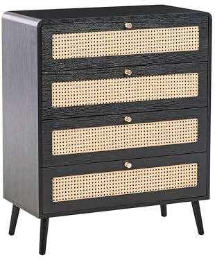 Beliani Chest of Drawers MDF 4 Drawers Wooden Legs Golden Handles Boho Style PE Rattan Black Moura