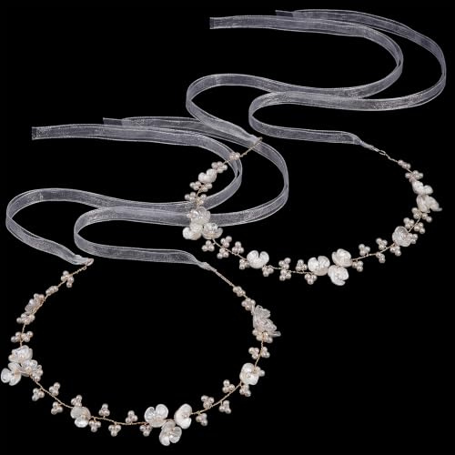 JIEYAO 2Pcs Flower Girl Hair Accessory, Pearl Flower Girl Headpiece Adjustable Wedding Headband Head Crown Pearl Headpiece for Women Girls Wedding Birthday Party First Communion