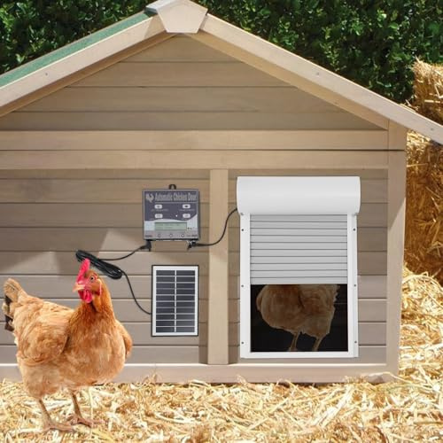 Porte de poulailler automatique, solaire et alimentation secteur 24,5 x 37 cm, avec télécommande, écran LCD, étanche IP67, minuterie et capteur de lumière, montage mural, pour poules et volailles