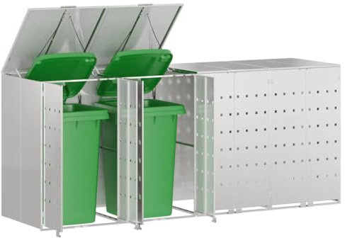 vidaXL Wheelie Bin Storage for 4 Bins Silver 272 x 77.5 x 115.5 cm, Garden and Terrace, Modern Waste Solution, Ventilated Bin Storage, Outdoor Organizer, Chic Enclosure, Space-Saving Shed