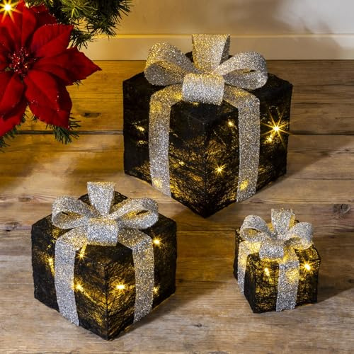 3er-Set LED Deko Geschenke Geschenkboxen für Weihnachten, schwarz/Silber | Weihnachtsdeko Weihnachtsdekoration Dekoration Geschenk Weihnachten beleuchtet