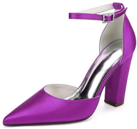 LRMYMHY Chaussures De Mariage en Satin À Bretelles De Cheville pour Femmes Talons À Talons Blocs Talons De Mariée À Bout Pointu,Violet,36 EU