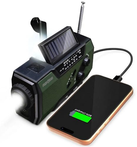 FosPower Radio Portable d'urgence Solaire et Météo Verte - 2000mAh | Compatible avec Smartphones pour Recharge USB. Batterie de 7400mWh avec Manivelle, Alarme SOS, et Lampe de Poche
