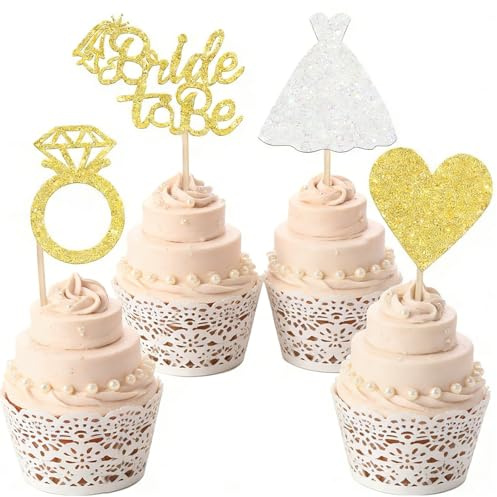 24 PCS Bride to Be Cupcake Toppers,Glitter Diamond Heart Dress Cake Toppers | Bride Cupcake Decoration for Bridal Shower Engagement Wedding Bachelorette Hen Party Decorations,Gold