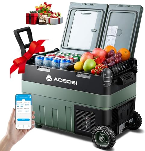 AAOBOSI 40L Nevera Portatil Electrica, Doble Zona, Nevera Coche con APP, Iluminación LED, 12/24V y 100-240V, Puerto de Carga USB, -20°C a 20°C, Nevera 12V con Compresor para Viajes al Aire Libre
