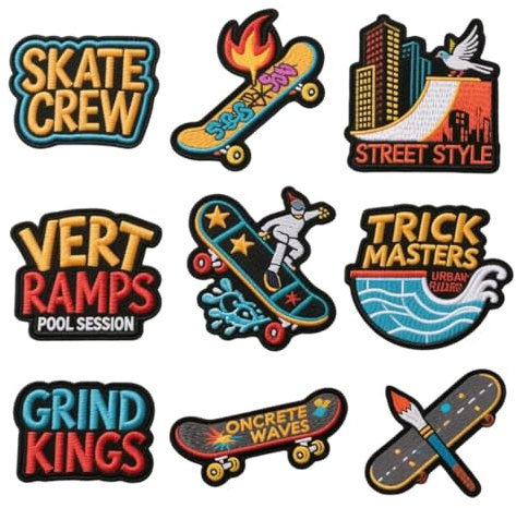 Huaxintoys 9 Stück Skateboard Patches Set, Street Style Aufnäher Zum Aufbügeln, Skateboard Stickerei Aufnäher, Coole Stickerei Aufnäher, Patches Zum Aufnäher für Taschen, Hut, Jeans, Jacke, Biker