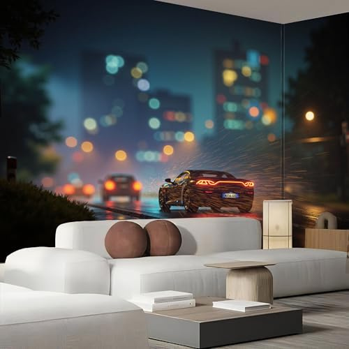 JEDTAKCT Papier Peint Paysage Urbain Moderne, Papier Peint Panoramique 3D Nuit Pluvieuse Voiture De Sport 200X140Cm, Papiers Peints Paysage Naturel Noir Décoration Murale Salon Chambre