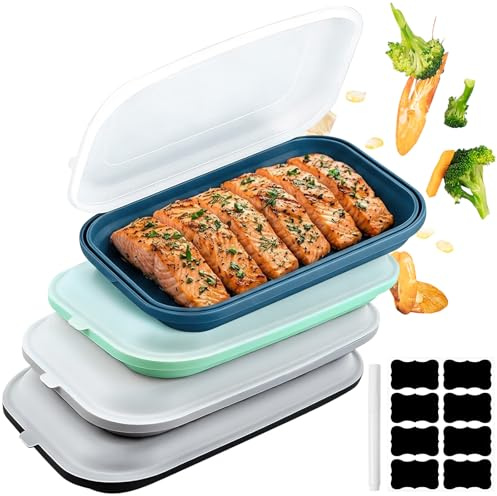 VETIXLO 4er Set Silikon Aufschnittboxen für Kühlschrank – Stapelbare Frischhaltedosen mit Transparentem Deckel für Wurst & Käse, 23.5x15x3.5 cm Küchen Organizer, inkl. 8 Tafelsticker & Stift