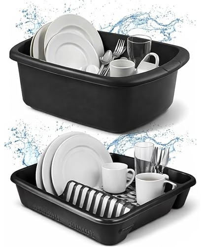 Ploutos World Wide Washing Up Bowl Set of 2 – Plastic Rectangular Plastic Sink Bowl with Dish Drainer, Kitchen Washing Basin, Sink Organiser for Plates, Cups & Cutlery (Black)