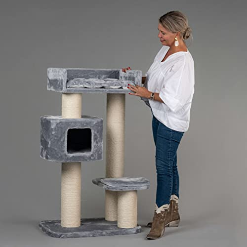 RHRQuality Cat Tree for Large Cats - Devon Rex – 120 cm High – With 15 cm Sisal Posts & Playhouse – Light Gray