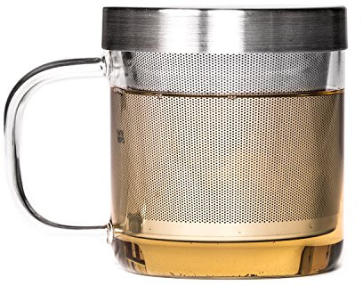 P & T Brewing Mug, Glas Teetasse, Borosilikat, hitzebeständig mit Edelstahlsieb (350ml / 11.8oz)