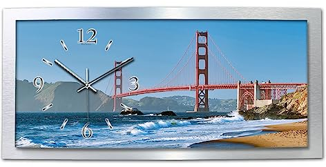 Kreative Feder Golden Gate Bridge Wanduhr 3D XXL Designer leise Funk Motiv Funkuhr Wandbild modernes Design WAA088FL (80x40 cm leise Funkuhr)