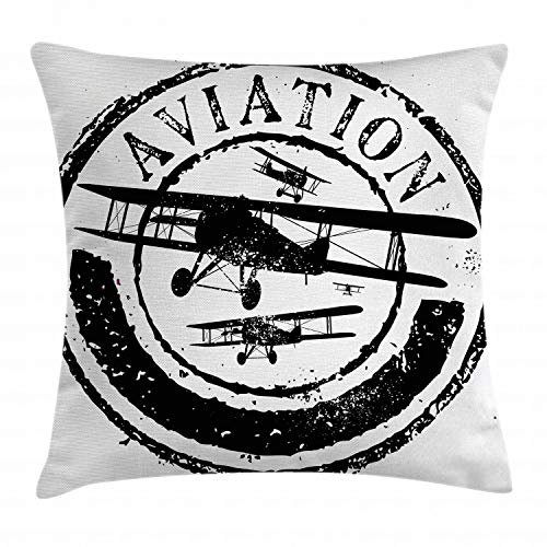 ABAKUHAUS Flugzeug Kissenbezug, Luftfahrt Retro, Kissenhülle mit Reißverschluss Waschbar Farbfest Beidseitiger Druck, 40 x 40 cm, Schwarz Weiß