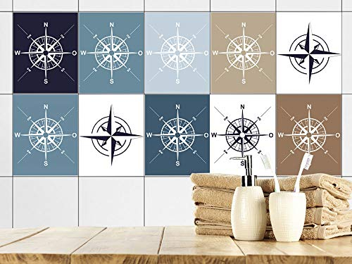 GRAZDesign Fliesenaufkleber Bad Kompass Maritim Blau Wandfliesen selbstklebend Klebefliesen - Set 10 Stück