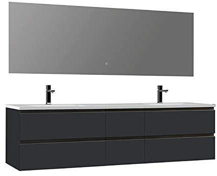StoneArt Badmöbel-Set mit Mineralguss Waschbecken und Unterschrank und LED Spiegel Touch-Sensor Waschtisch als Einzel- oder Doppelwaschbecken Monte Carlo MC-2000 dunkelgrau 200cm